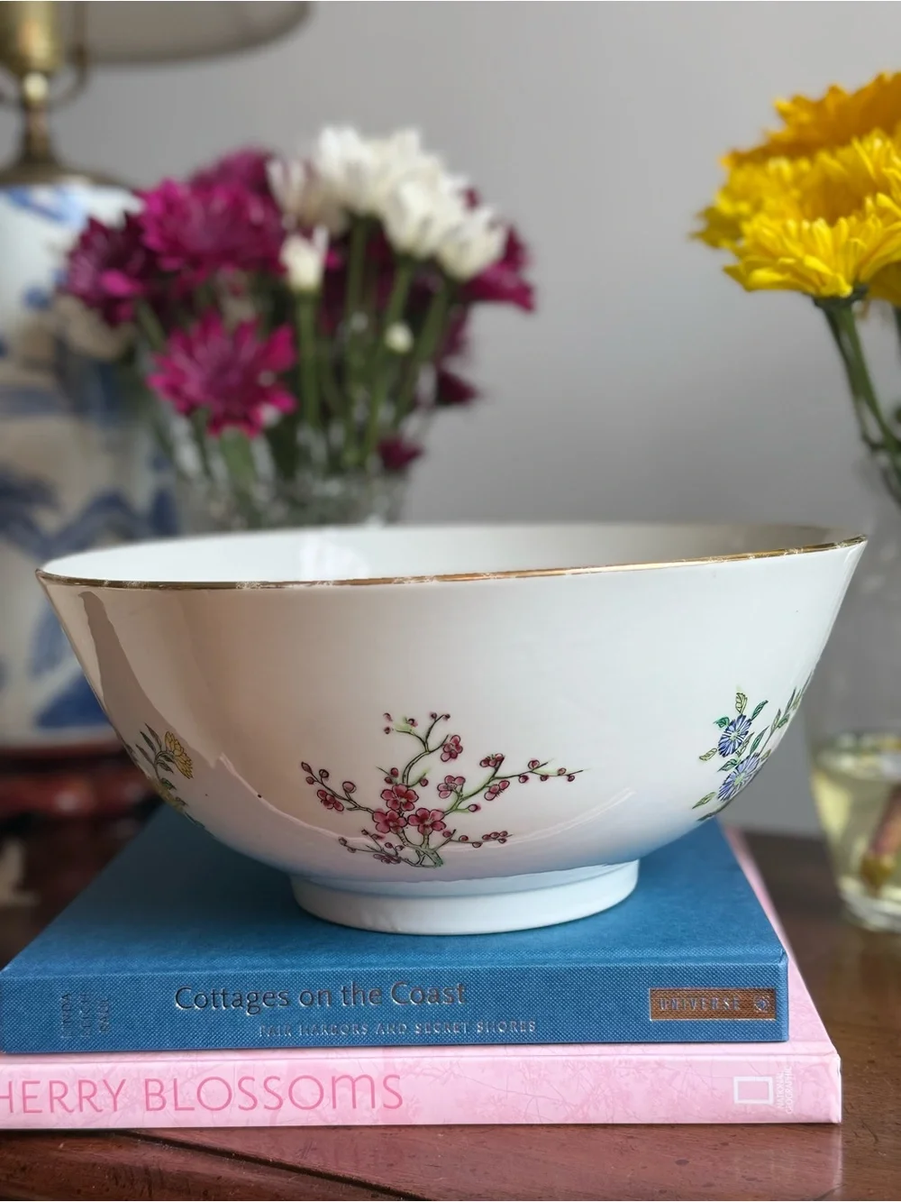 Floral Porcelain Serving Bowl in White with Multicolor Flower Motif